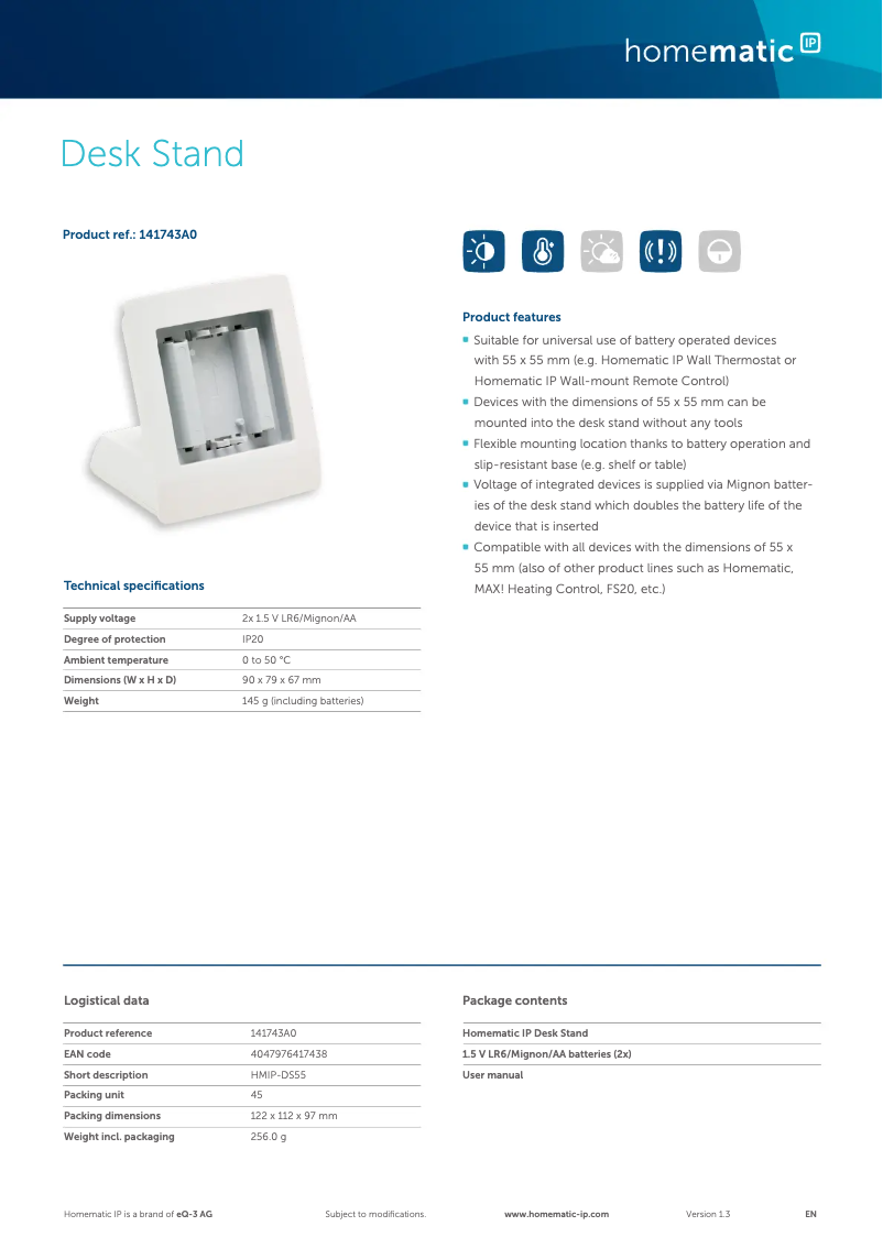 Page 1 de la notice Fiche technique Homematic IP HMIP-DS55