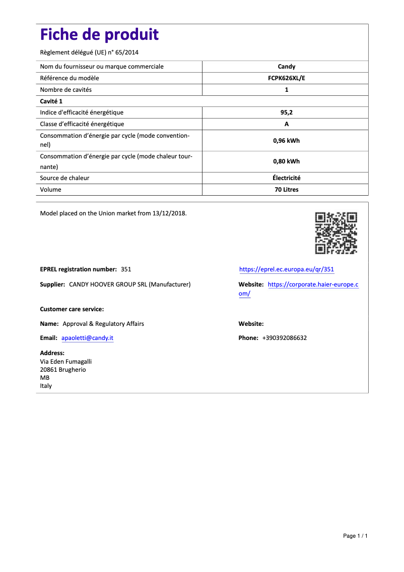 Page 1 de la notice Manuel utilisateur Candy FCPK626XL/E