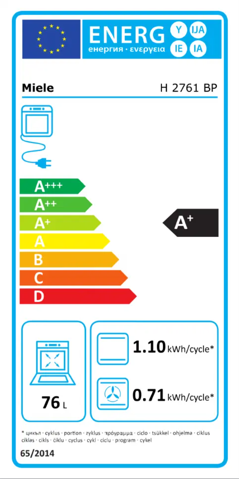 Page n°1 - Label énergétique Miele H 2761 BP