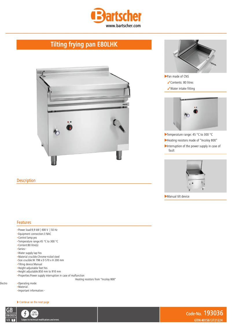 Página 1 del manual Manual de usuario Bartscher E80LHK