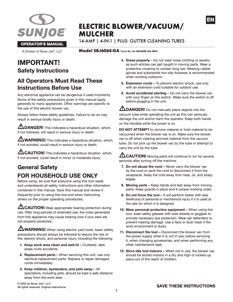 Page 1 of the manual User Manual Sun Joe SBJ606E-GA