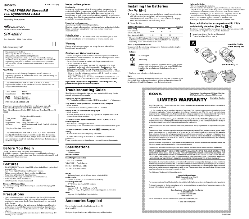 Page n°1 - Manuel utilisateur Sony SRF-M80V