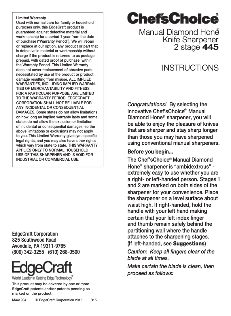 Page 1 de la notice Manuel utilisateur Chef's Choice Diamond Hone 445