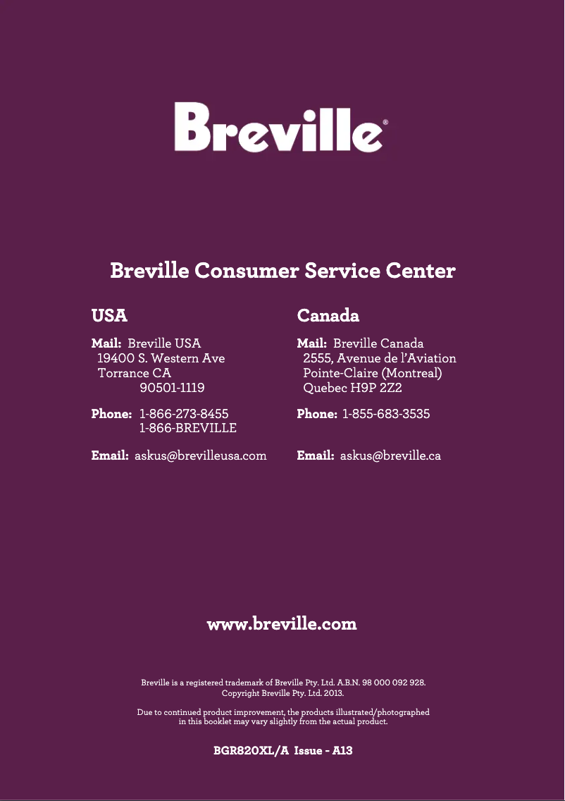 Page n°1 - Manuel utilisateur Breville BGR820XL