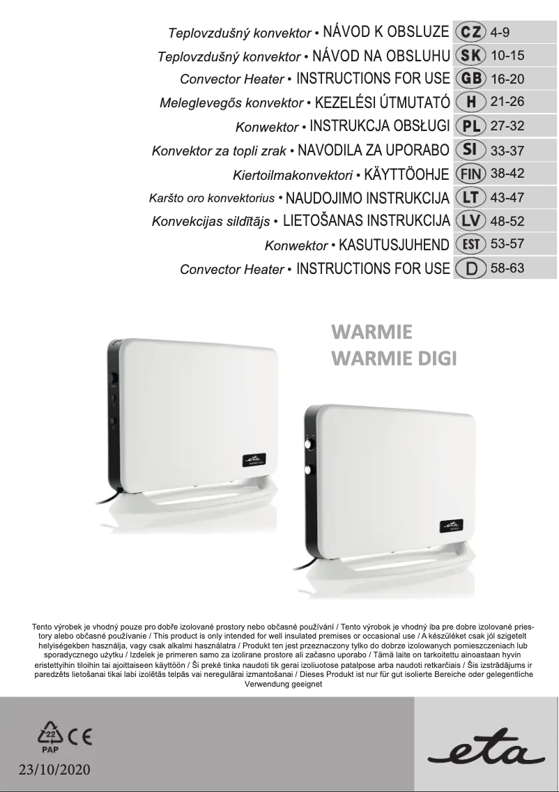 Page 1 de la notice Manuel utilisateur Eta Warmie Digi 1624 90000