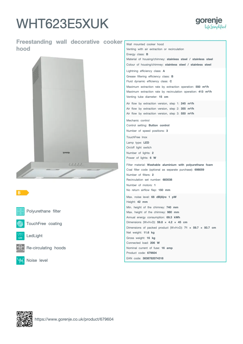 Page n°1 - Fiche technique Gorenje WHT623E5XUK