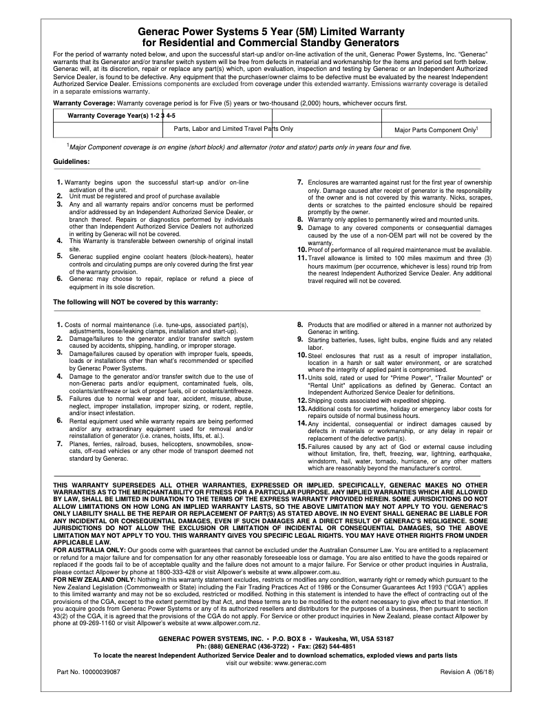 Page 1 de la notice Informations de garantie Generac Guardian 14KW