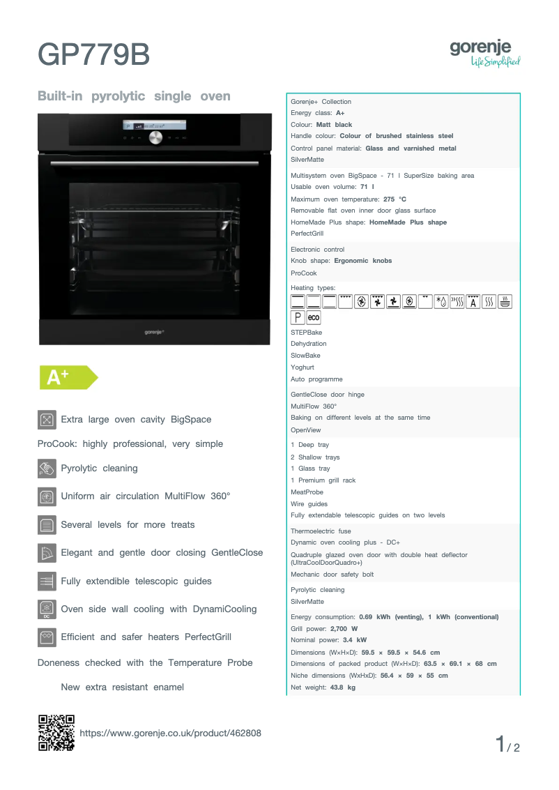 Page n°1 - Fiche technique Gorenje GP779B