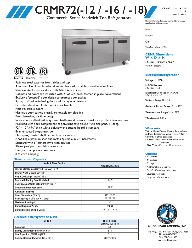 Page 1 de la notice Fiche technique Hoshizaki CRMR72-18