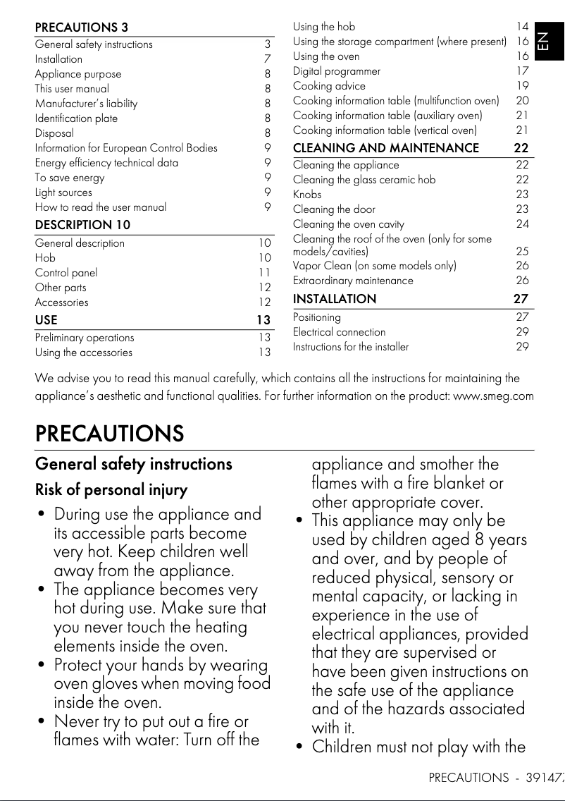 Page 1 de la notice Fiche technique Smeg SY103I