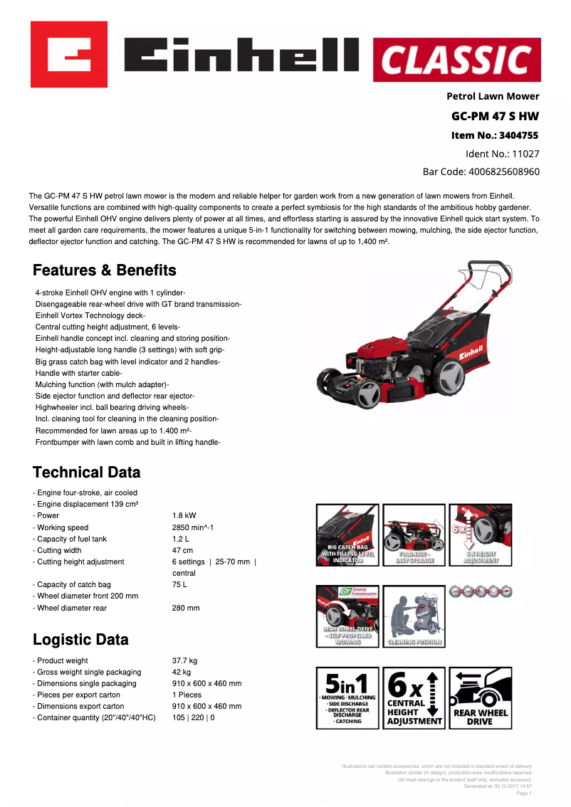 Page n°1 - Fiche technique Einhell GC-PM 47 S HW