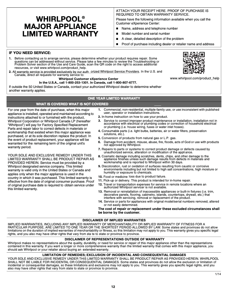 Page 1 de la notice Mode d'emploi Whirlpool WSZ57L18D