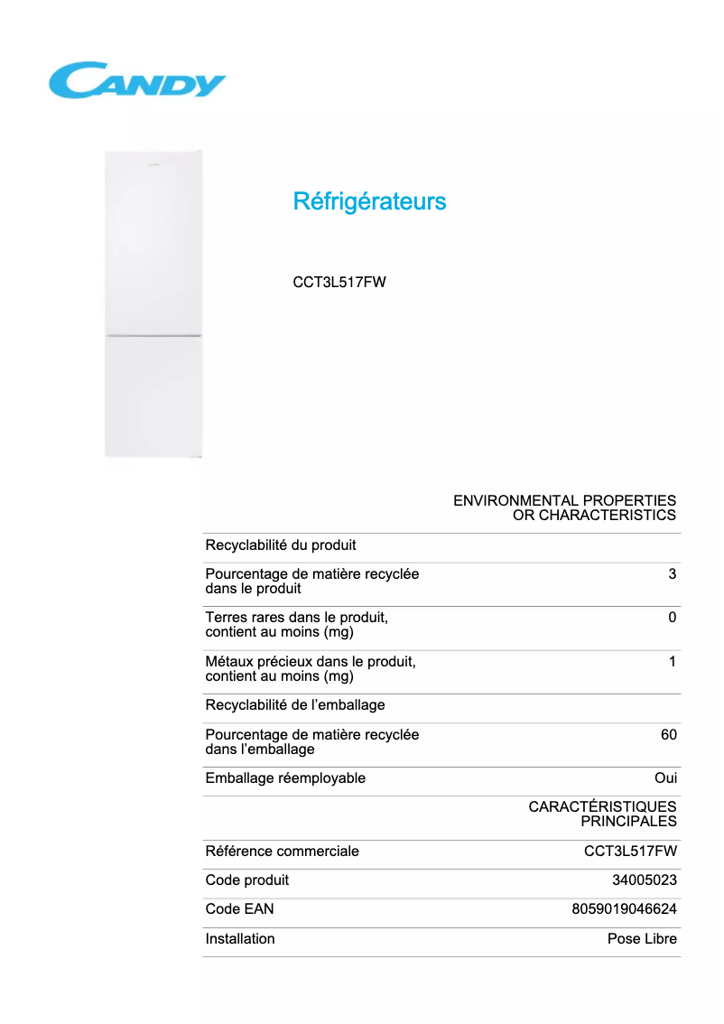 Page 1 de la notice Fiche technique Candy CCT3L517FW