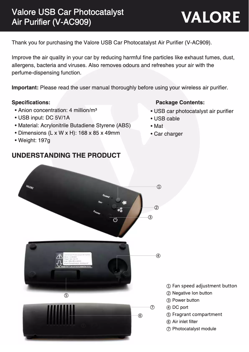 Page 1 de la notice Manuel utilisateur Valore V-AC909