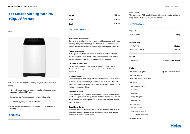 Page 1 de la notice Fiche technique Haier HWT10AD1