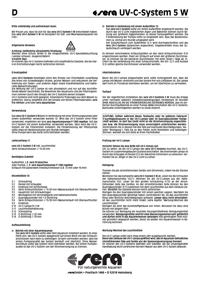 Page 1 de la notice Manuel utilisateur sera UV-C-System 5 W
