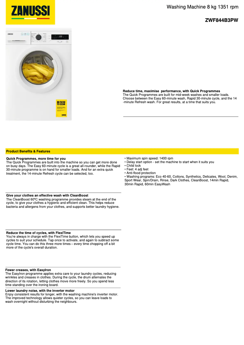 Page 1 de la notice Fiche technique Zanussi ZWF844B3PW