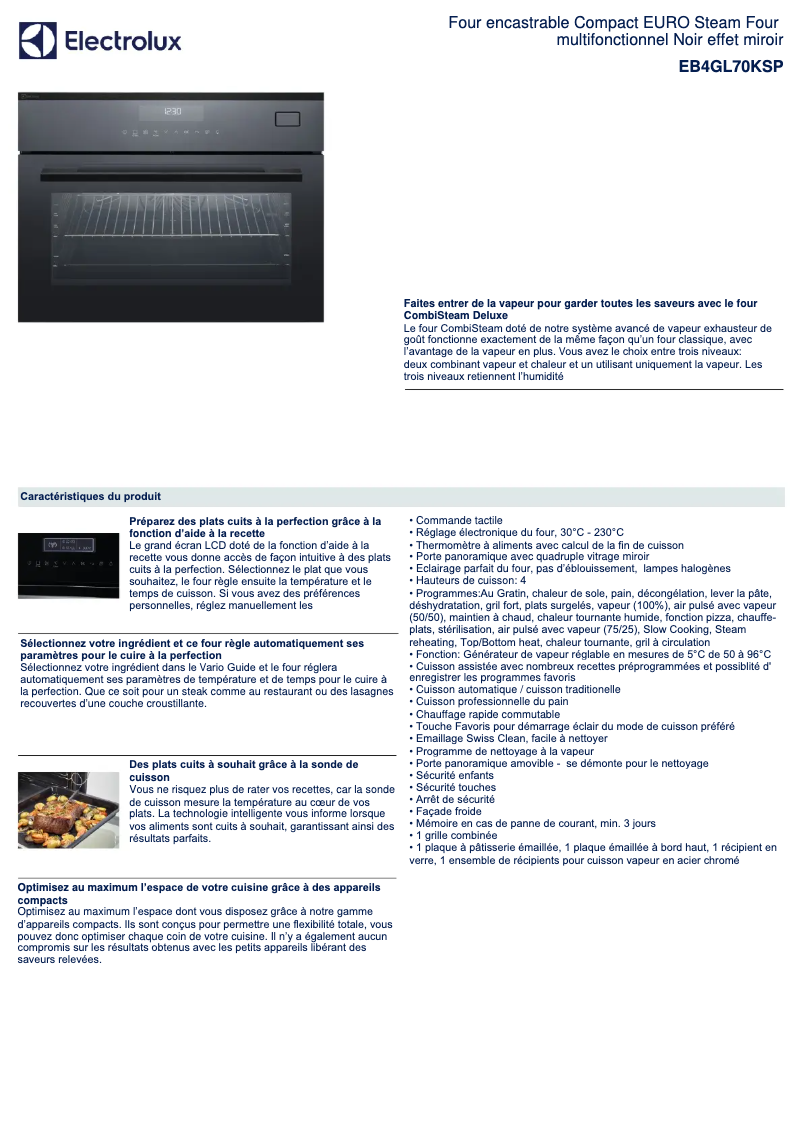 Page 1 de la notice Fiche technique Electrolux EB4GL70KSP