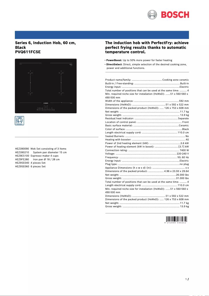 Page 1 de la notice Fiche technique Bosch PVQ611FC5E
