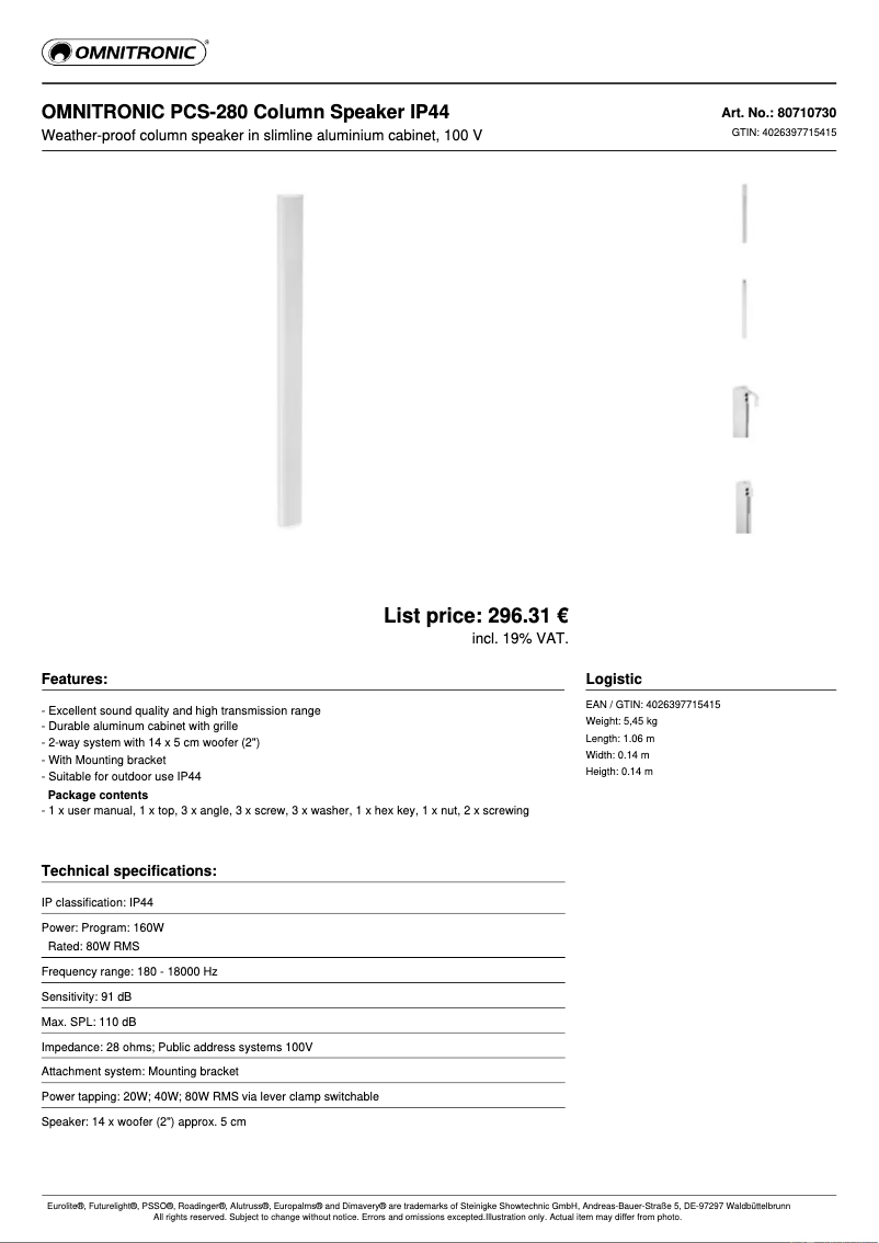 Página 1 del manual Ficha técnica Omnitronic PCS-280