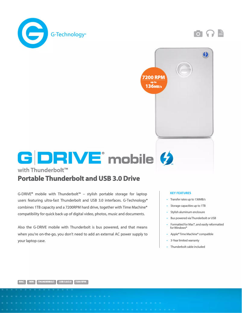 Page 1 of the manual Technical Sheet G-Technology G-Drive Mobile Thunderbolt