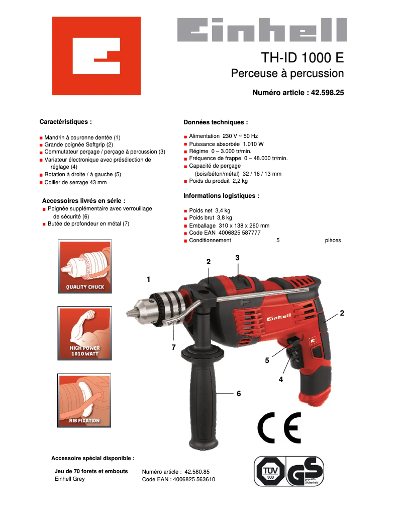 Page n°1 - Fiche technique Einhell TC-ID 1000 E