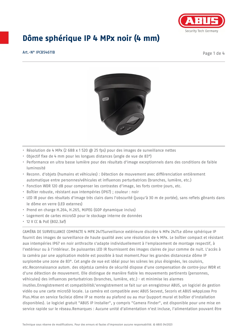 Page n°1 - Fiche technique Abus IPCB54611B