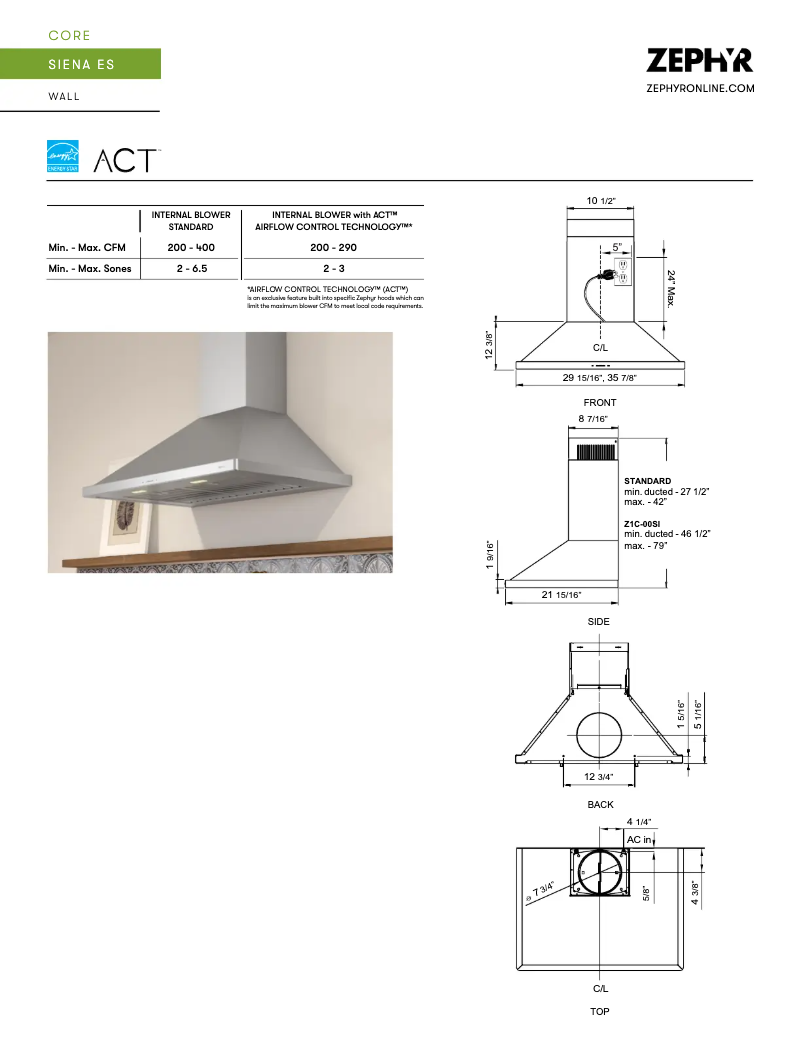 Page n°1 - Fiche technique Zephyr Siena ZSI-E36BS-ES