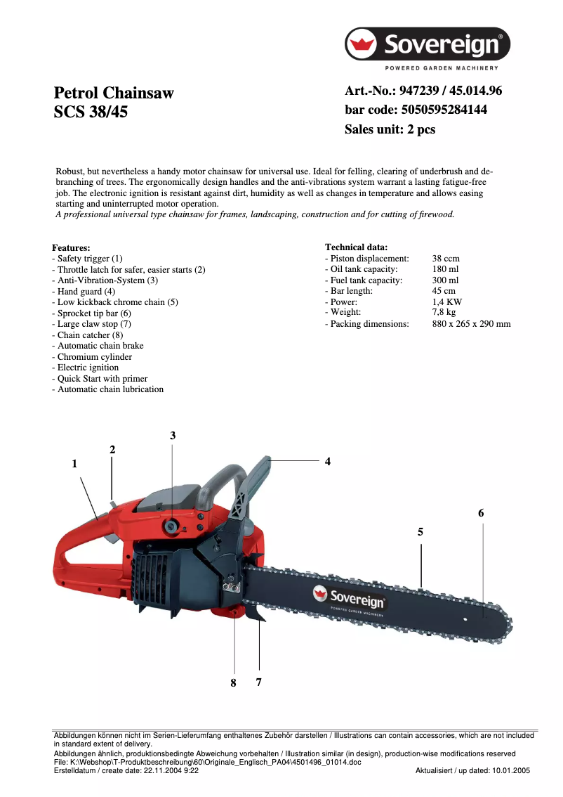 Página 1 del manual Ficha técnica Sovereign SCS 38/45