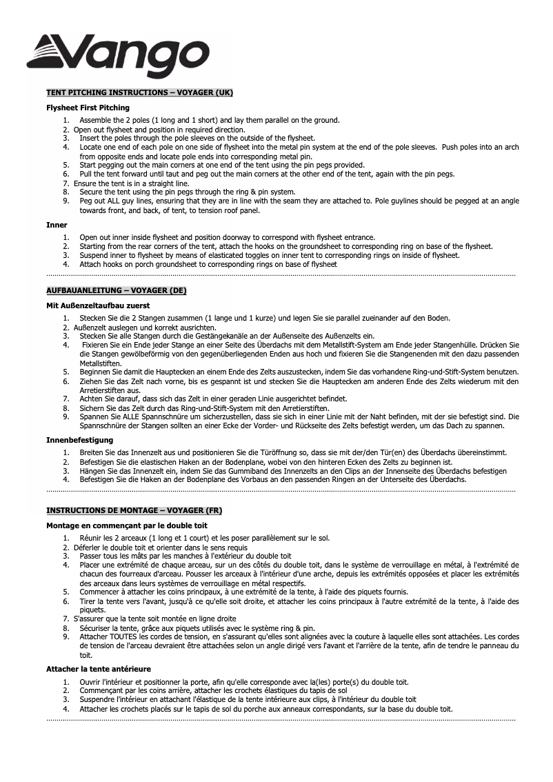 Page 1 de la notice Manuel utilisateur Vango Voyager 400