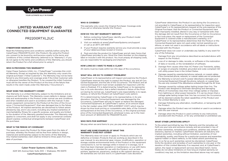 Page 1 de la notice Informations de garantie CyberPower PR2200RTXL2UC