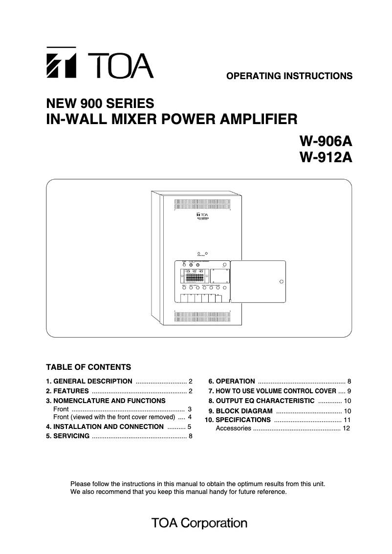 Page 1 of the manual User Manual TOA W-906A