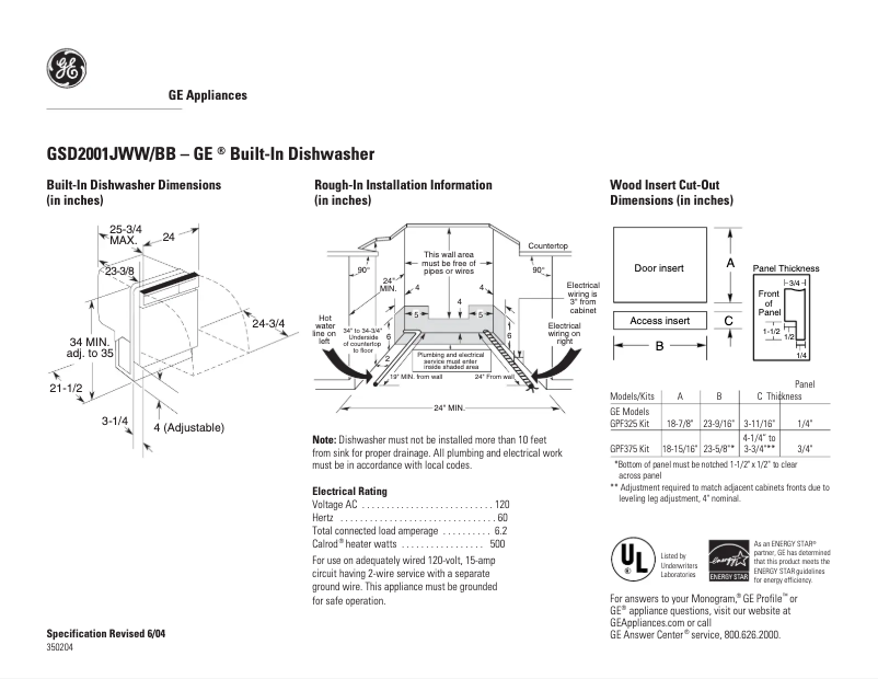 Page 1 de la notice Fiche technique GE GSD2001JBB