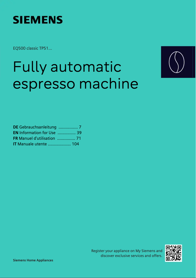 Page n°1 - Manuel utilisateur Siemens EQ500 classic TP511D09