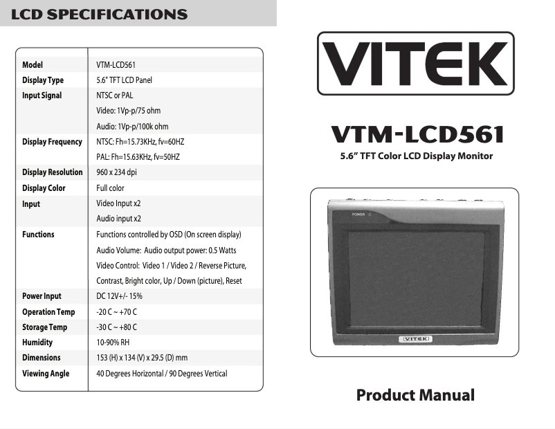 Page 1 de la notice Manuel utilisateur Vitek VTM-LCD561
