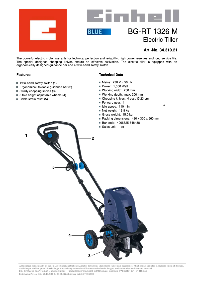 Page 1 de la notice Manuel utilisateur Einhell BG-RT 1326 M