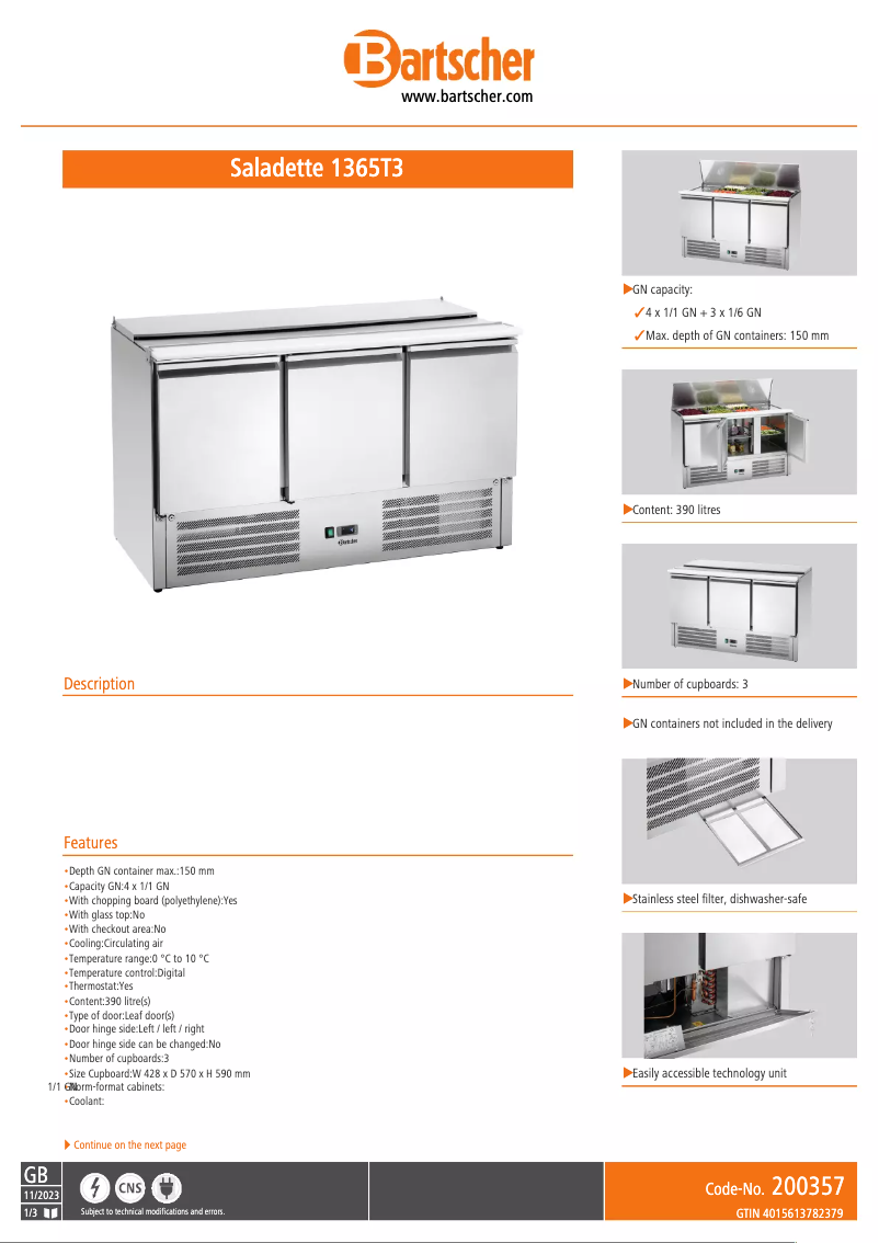 Page n°1 - Fiche technique Bartscher 1365T3