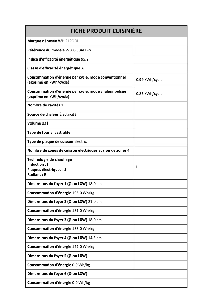 Page 1 de la notice Fiche technique Whirlpool WS68IS8APBP