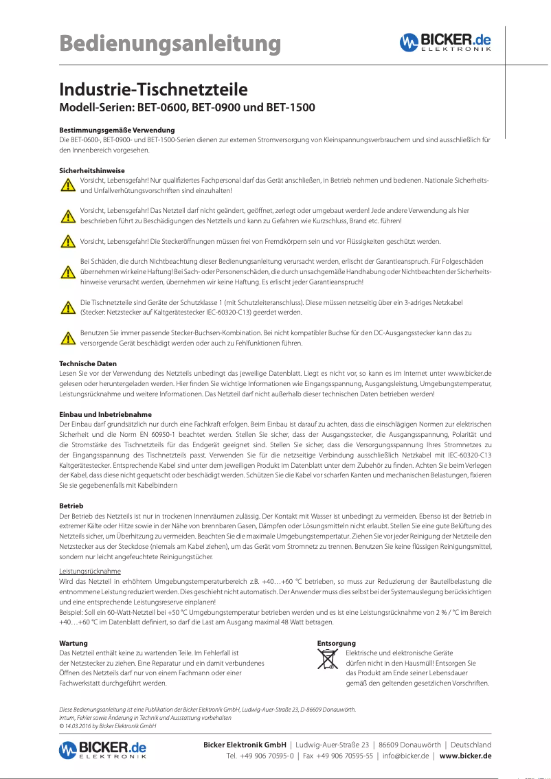 Page 1 de la notice Manuel utilisateur Bicker Elektronik BET-0919-T