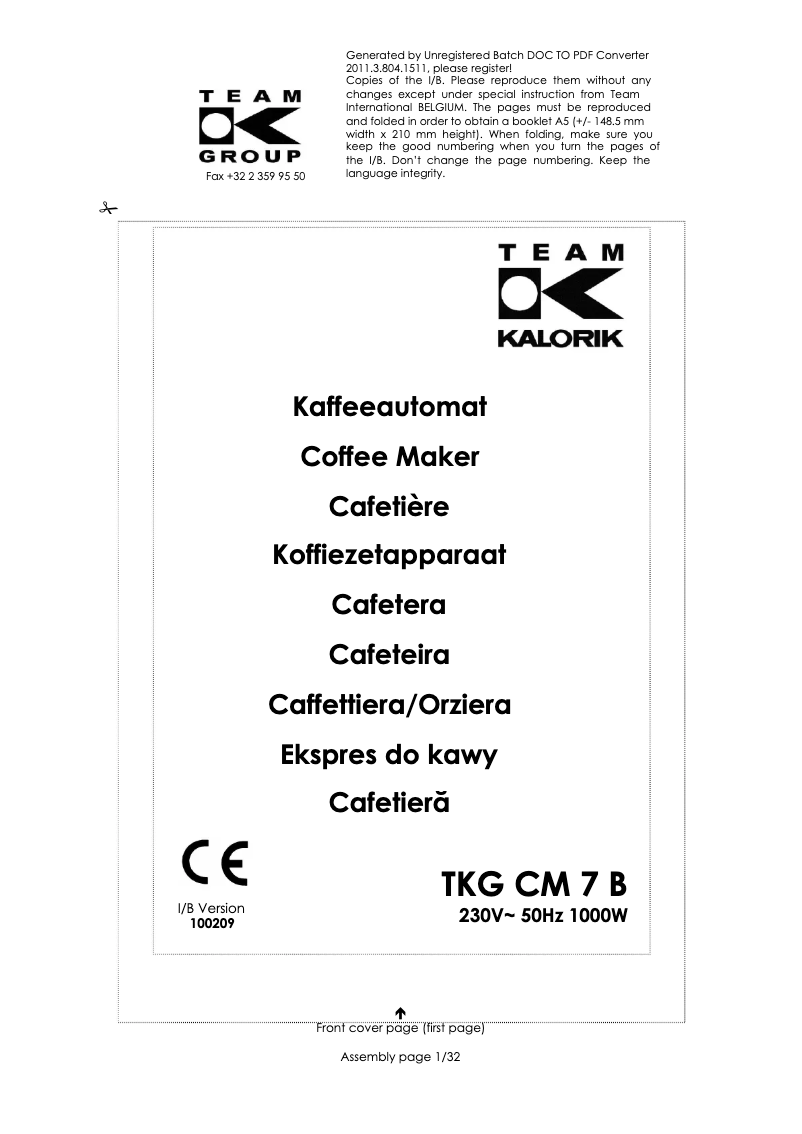 Page n°1 - Manuel utilisateur Kalorik TKG CM 7 B