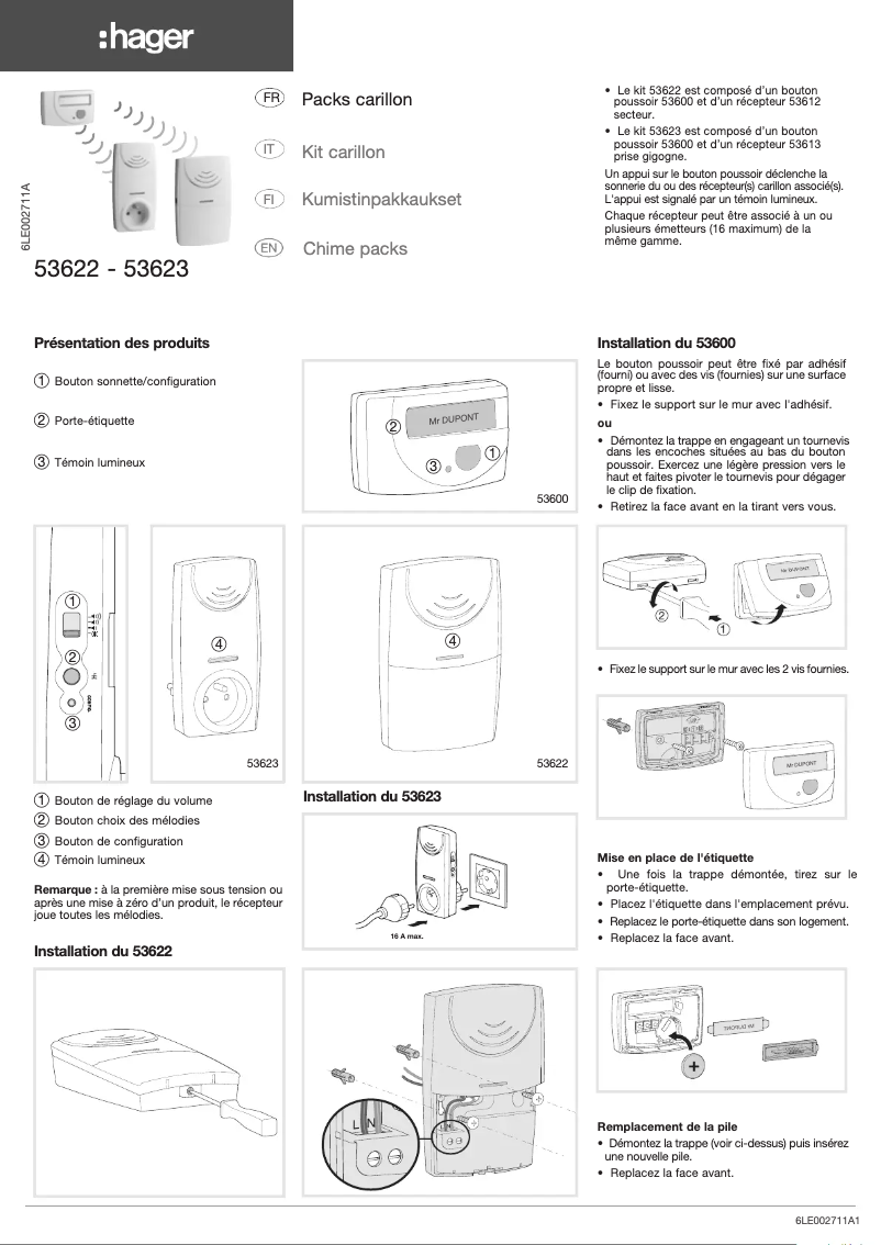 Page 1 de la notice Manuel utilisateur Hager 53623
