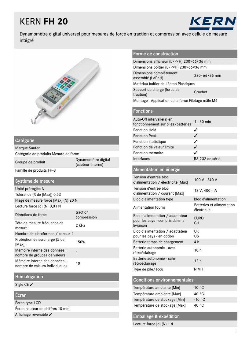 Page n°1 - Fiche technique Kern FH 20