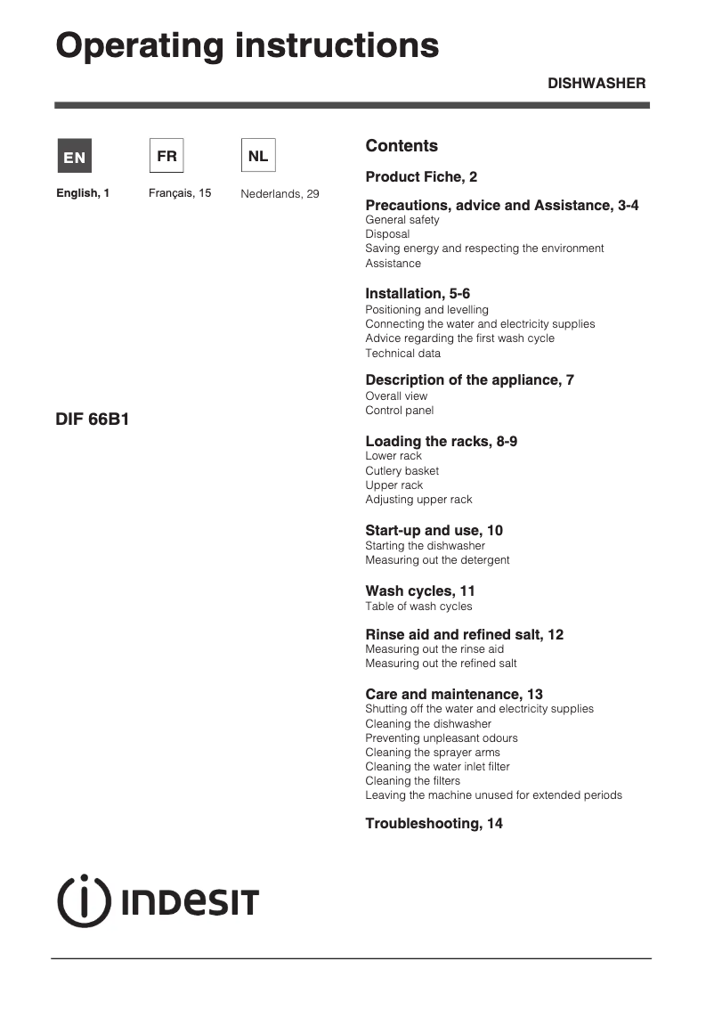 Page 1 de la notice Manuel utilisateur Indesit DIF 66B1 A EU