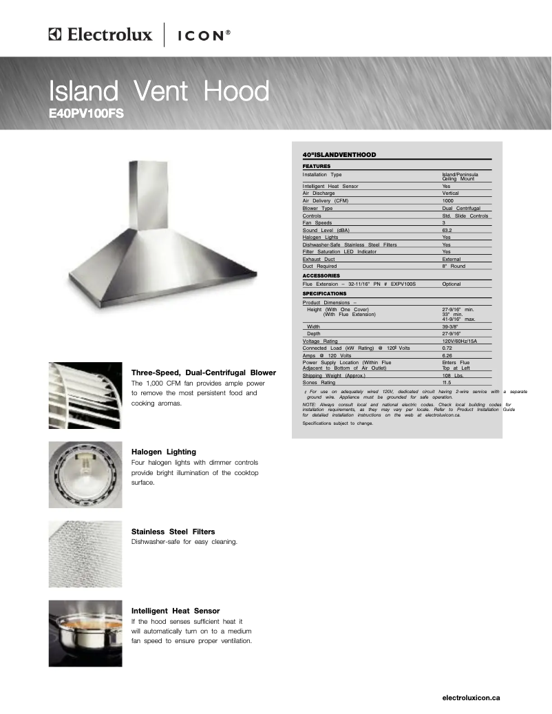 Page 1 de la notice Fiche technique Electrolux E40PV100FS