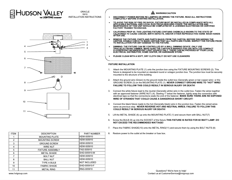 Page n°1 - Manuel utilisateur Hudson Valley Oracle 5910-BBR
