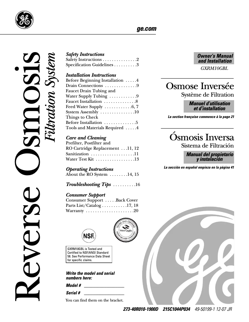 Page 1 de la notice Guide d'installation GE GXRM10GBL