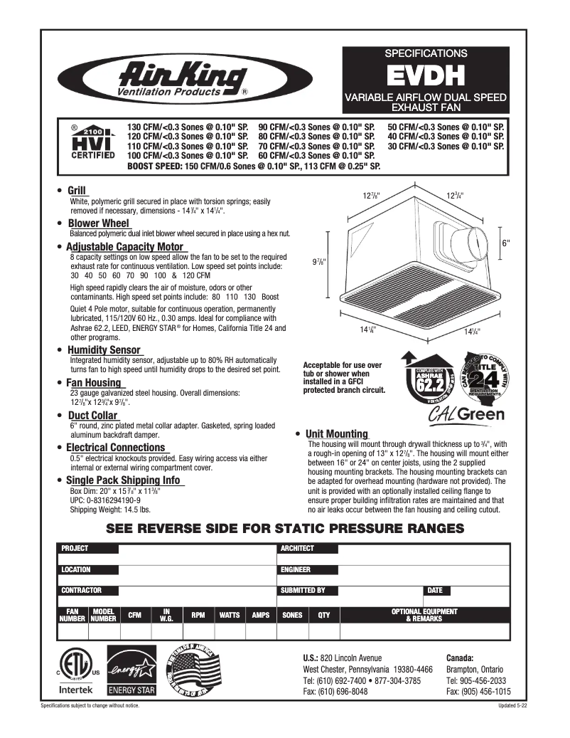 Página 1 del manual Ficha técnica Air King EVDH