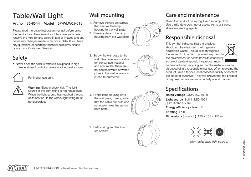 Page n°1 - Manuel utilisateur Cotech SP-WLW05-01B