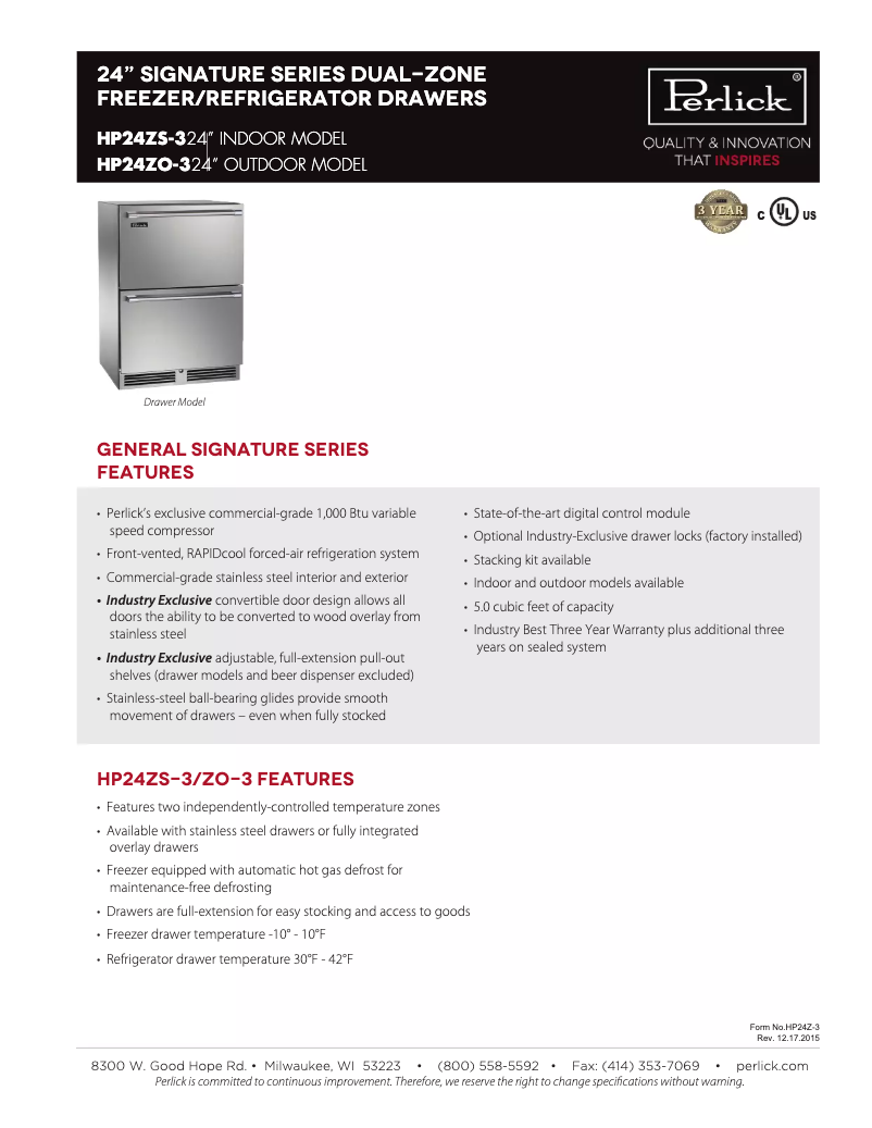 Page 1 de la notice Fiche technique Perlick HP24ZS-3-5