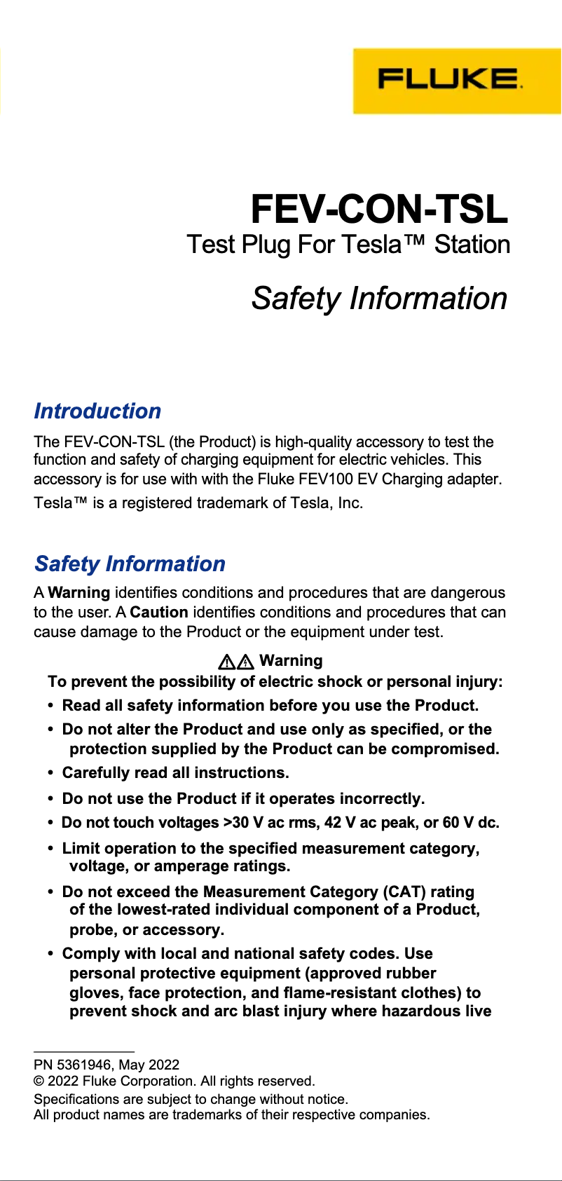Page 1 de la notice Instructions de sécurité Fluke FEV100
